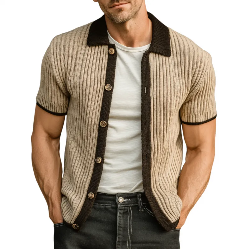 Men's Casual Breathable Contrast Color Lapel Single-breasted Slim Fit Short-sleeved Cardigan MTA2342G5M sold by Manly