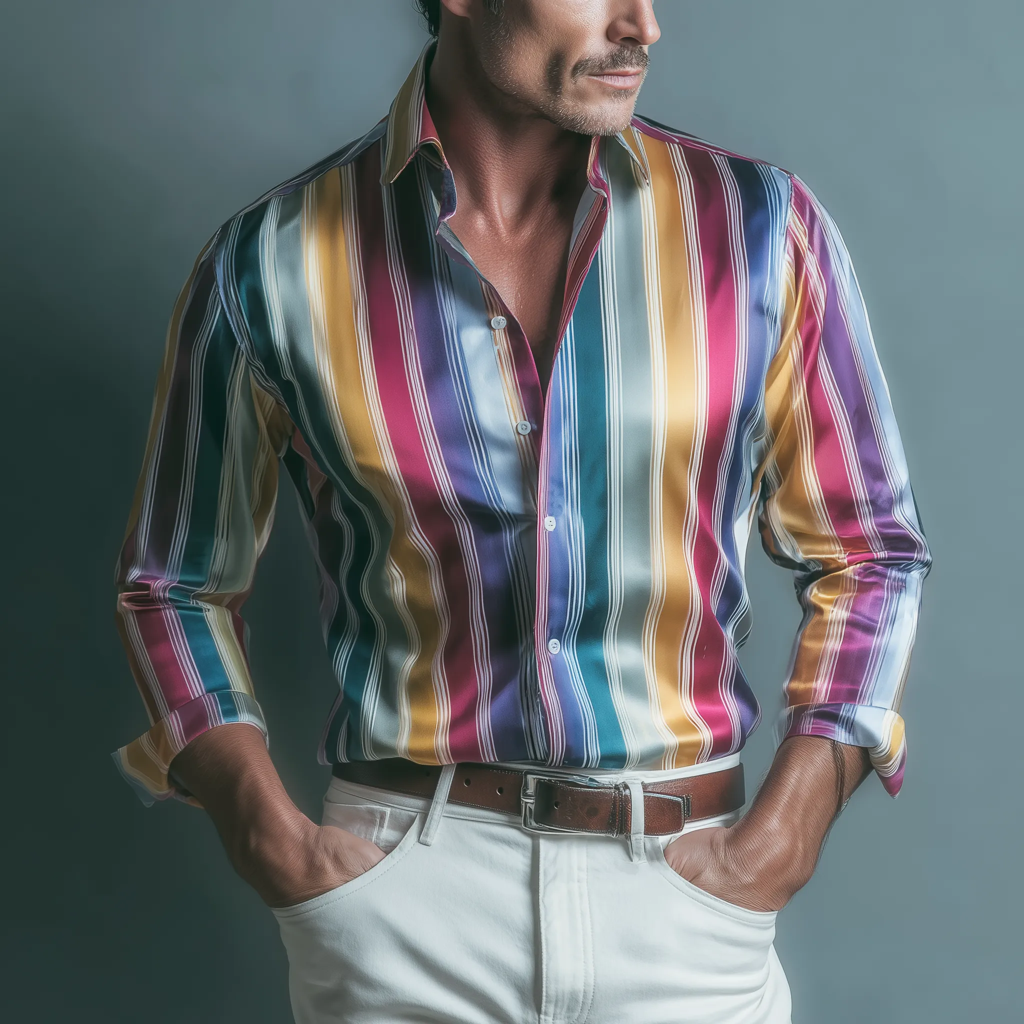 Men's Fashion Casual Satin Color Vertical Stripe Print Slim Fit Long Sleeve Shirt MTA2469G8K sold by Manly product image thumbnail 2