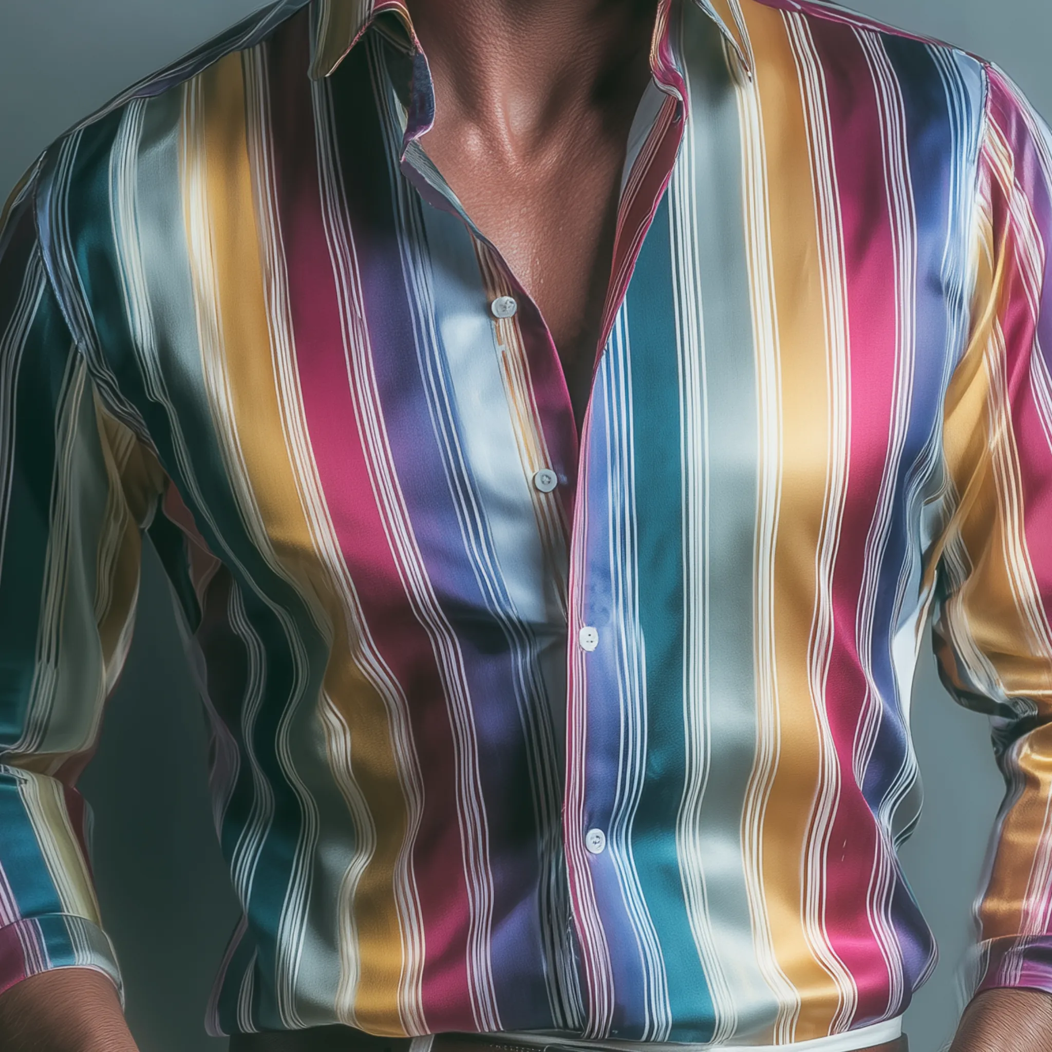 Men's Fashion Casual Satin Color Vertical Stripe Print Slim Fit Long Sleeve Shirt MTA2469G8K sold by Manly product image thumbnail 3