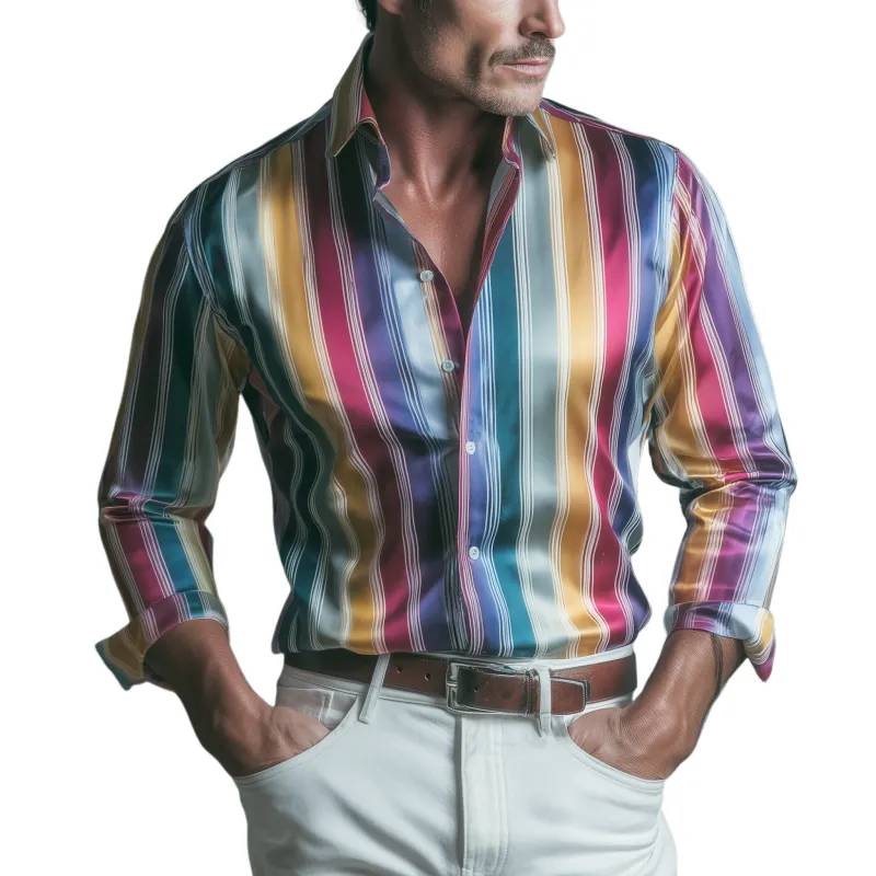 Men's Fashion Casual Satin Color Vertical Stripe Print Slim Fit Long Sleeve Shirt MTA2469G8K sold by Manly