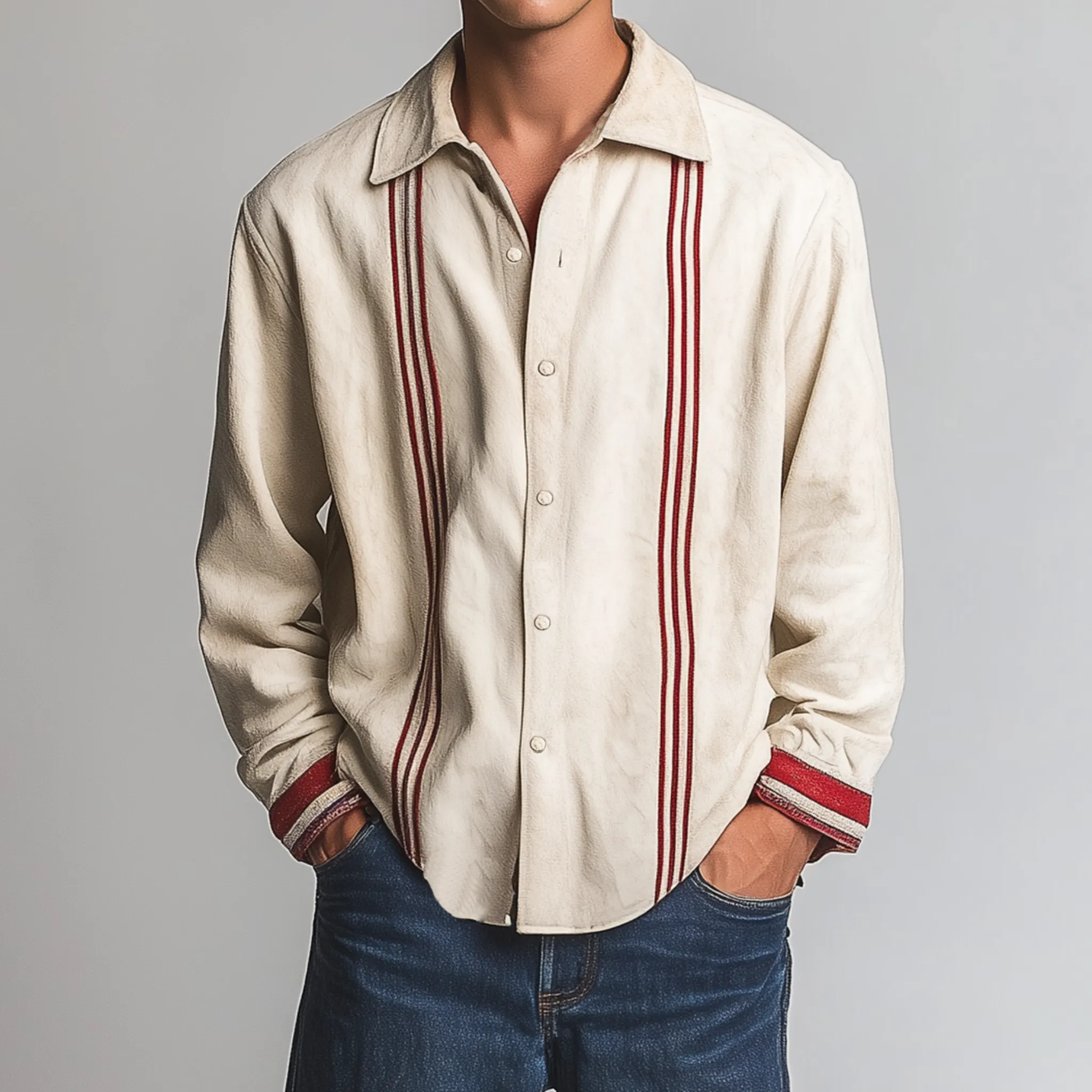 Men's Classic Casual Thin Contrast Color Stitching Suede Embroidery Lapel Long Sleeve Shirt MTA2452G6K sold by Manly product image thumbnail 2