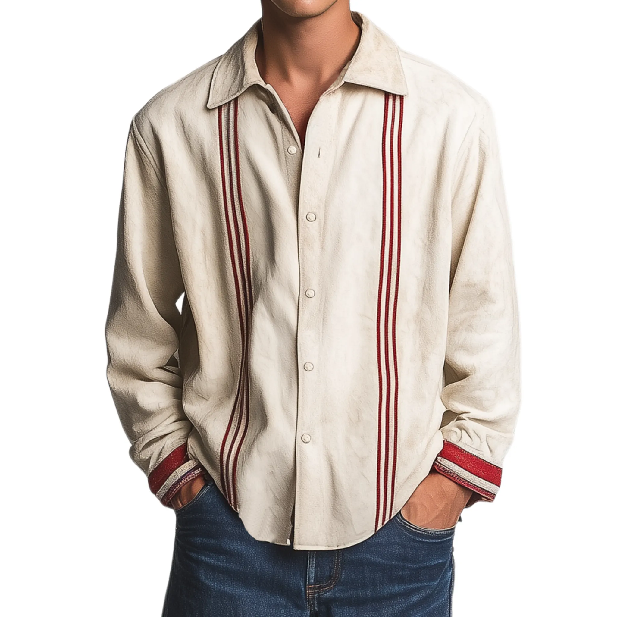 Men's Classic Casual Thin Contrast Color Stitching Suede Embroidery Lapel Long Sleeve Shirt MTA2452G6K sold by Manly