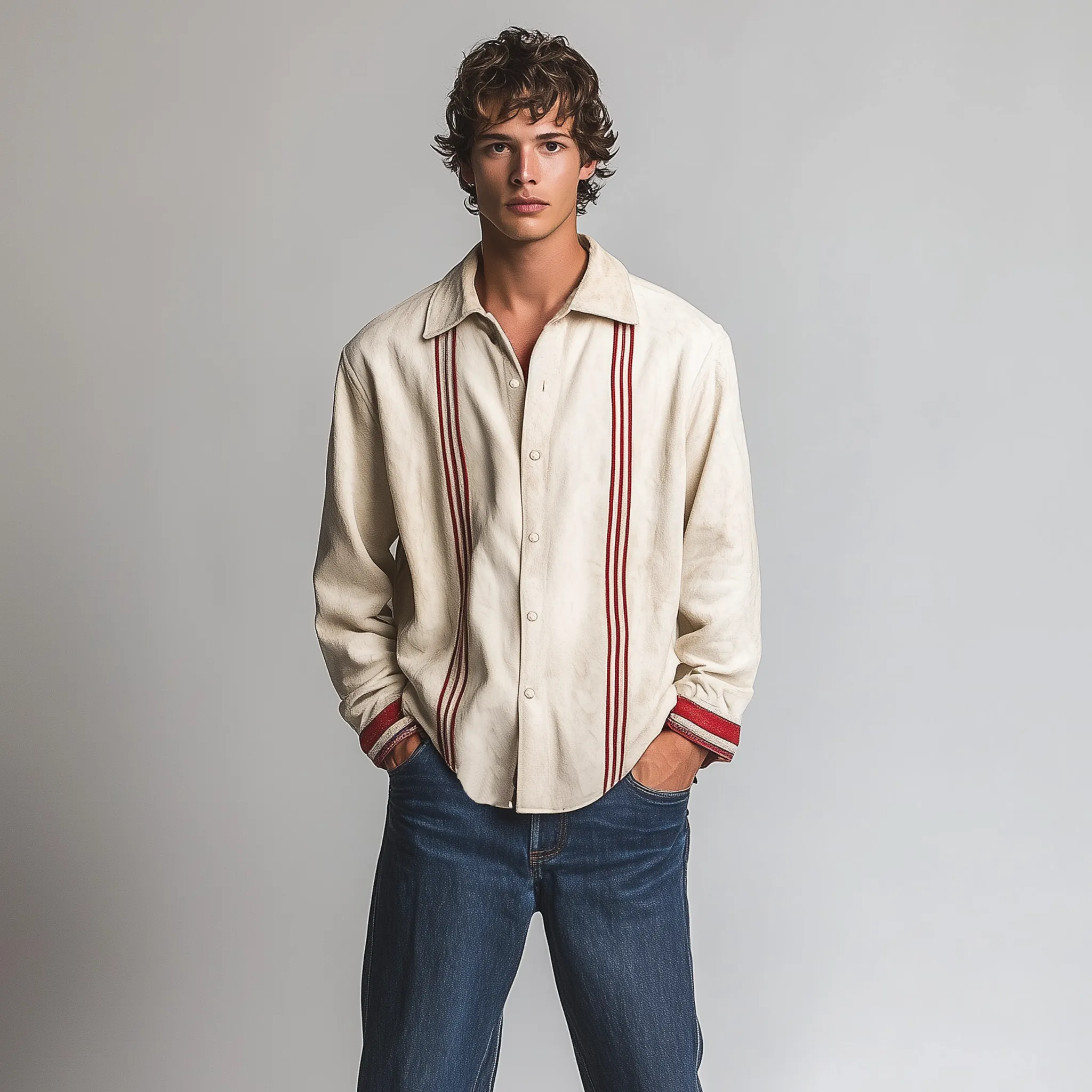 Men's Classic Casual Thin Contrast Color Stitching Suede Embroidery Lapel Long Sleeve Shirt MTA2452G6K sold by Manly product image thumbnail 3