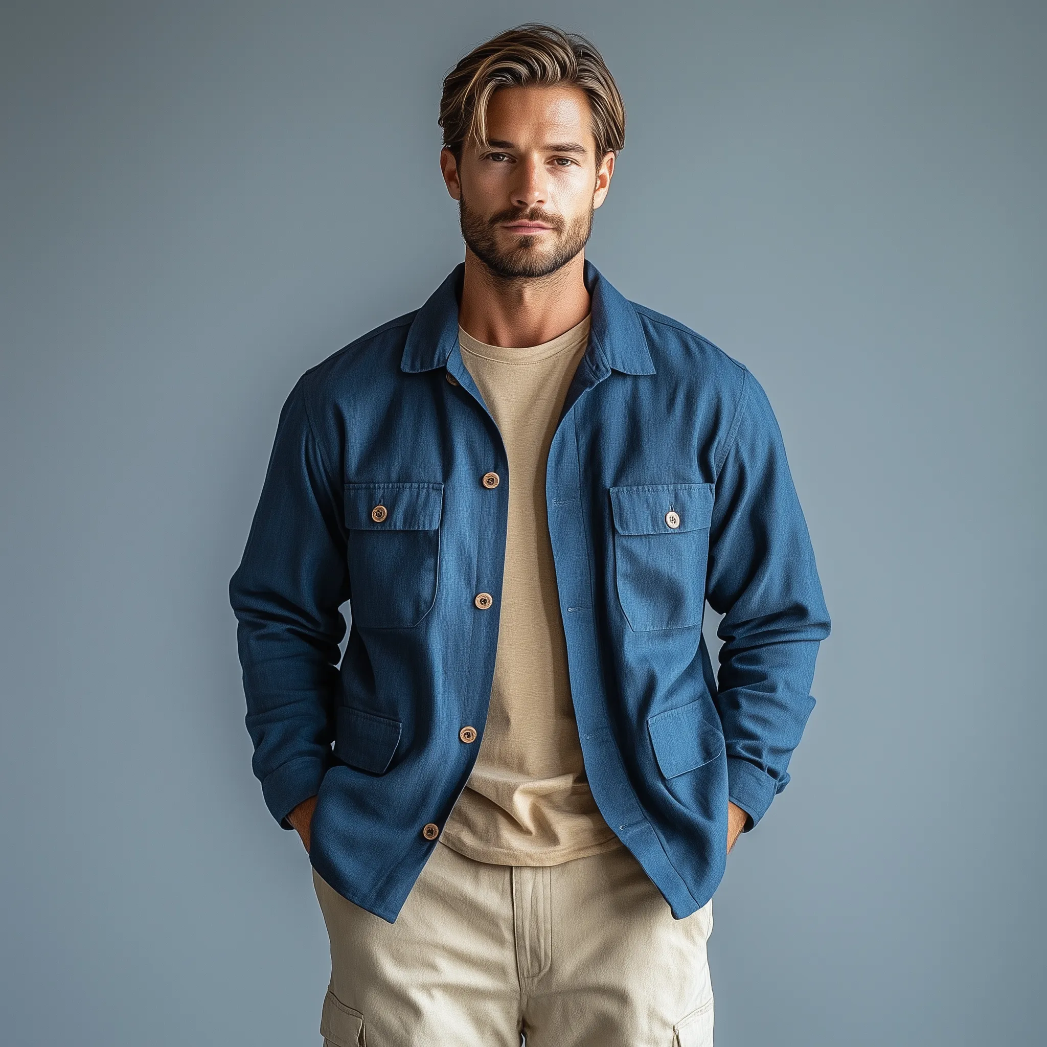 Men's Classic Casual Cotton And Linen Blend Lapel Multi-pocket Long-sleeved Shirt-style Thin Jacket MTA2461G4K sold by Manly product image thumbnail 3