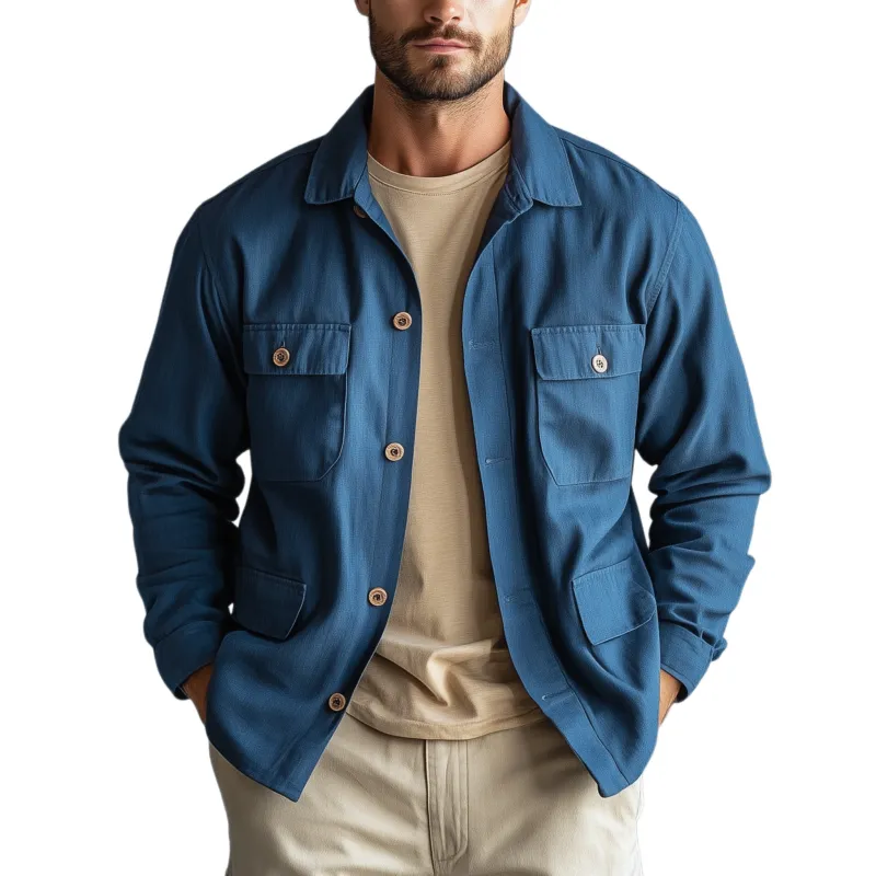Men's Classic Casual Cotton And Linen Blend Lapel Multi-pocket Long-sleeved Shirt-style Thin Jacket MTA2461G4K sold by Manly