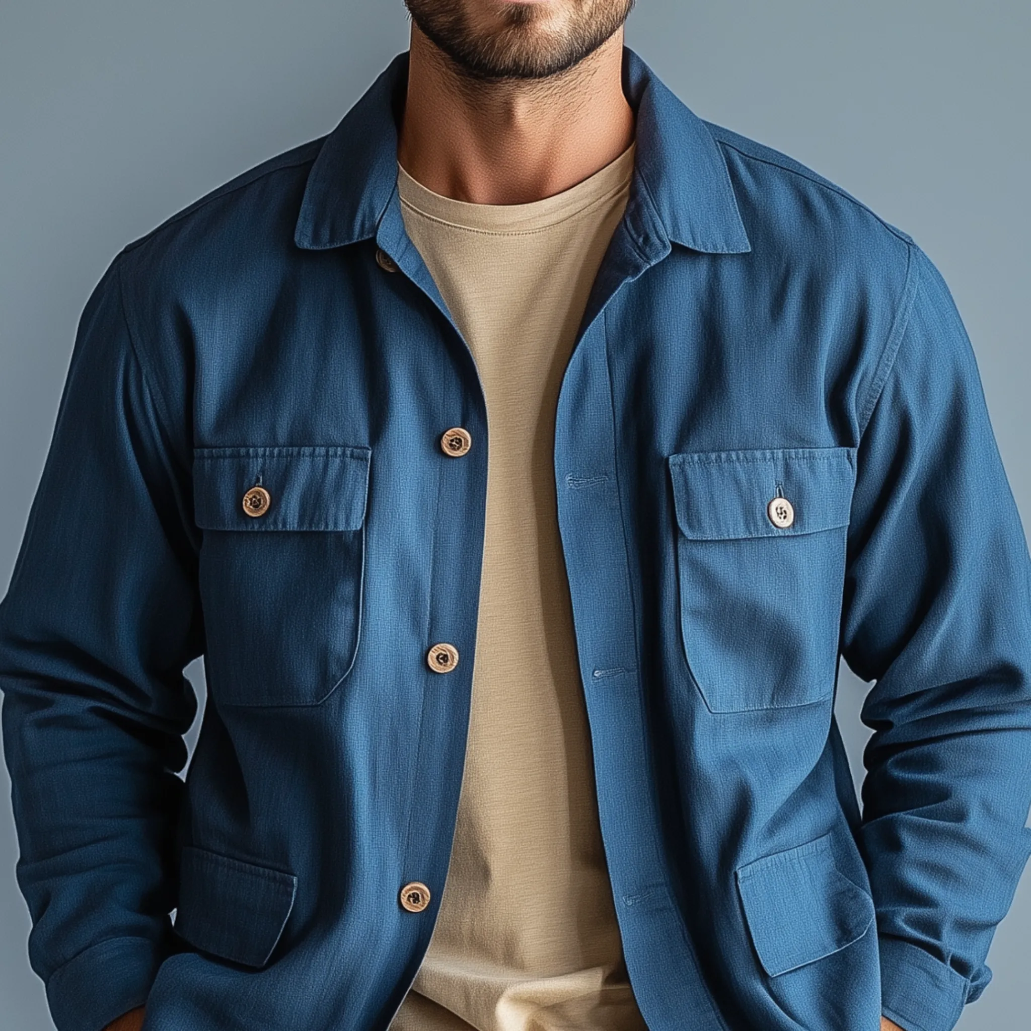 Men's Classic Casual Cotton And Linen Blend Lapel Multi-pocket Long-sleeved Shirt-style Thin Jacket MTA2461G4K sold by Manly product image thumbnail 4