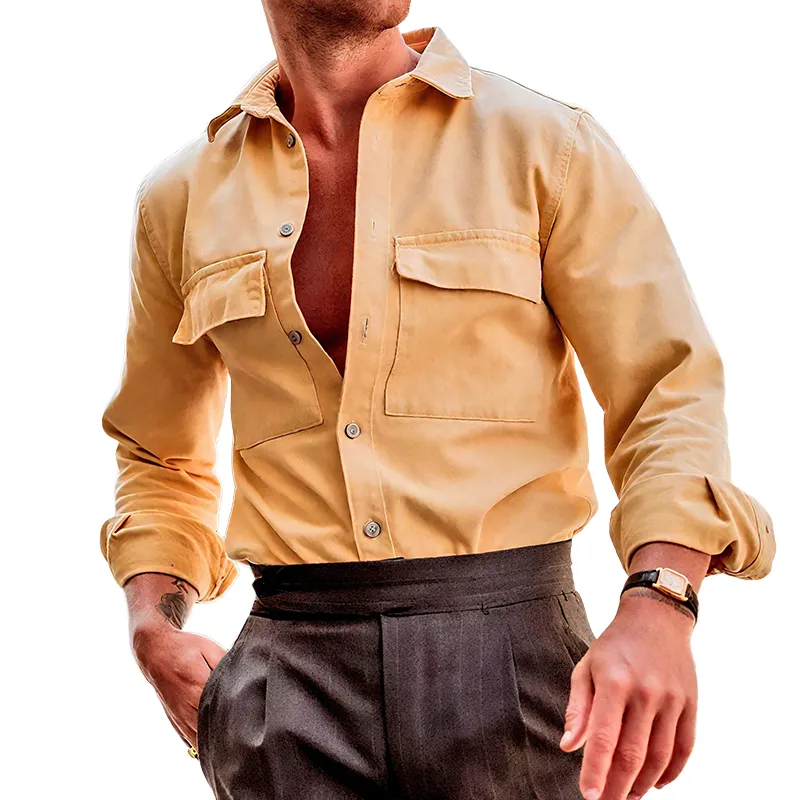 Men's Vintage Casual Street Cotton Lapel Long Sleeve Shirt MTA2339G6TO sold by Manly