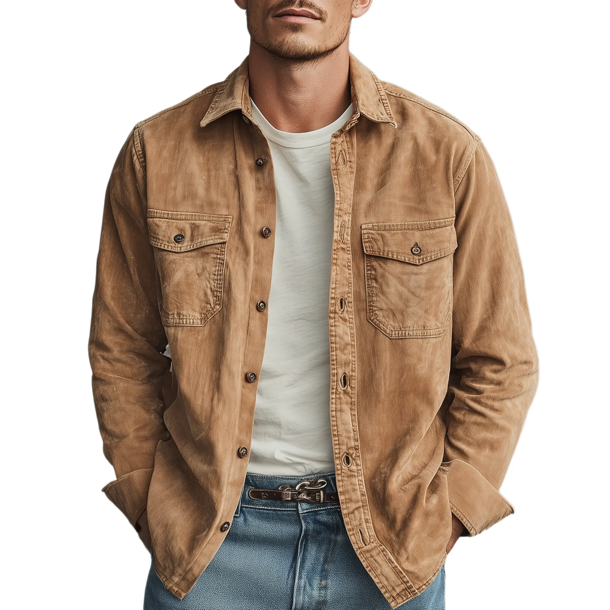 Men's Classic Casual Washed Thin Suede Lapel Long Sleeve Shirt MTA2457G7K sold by Manly