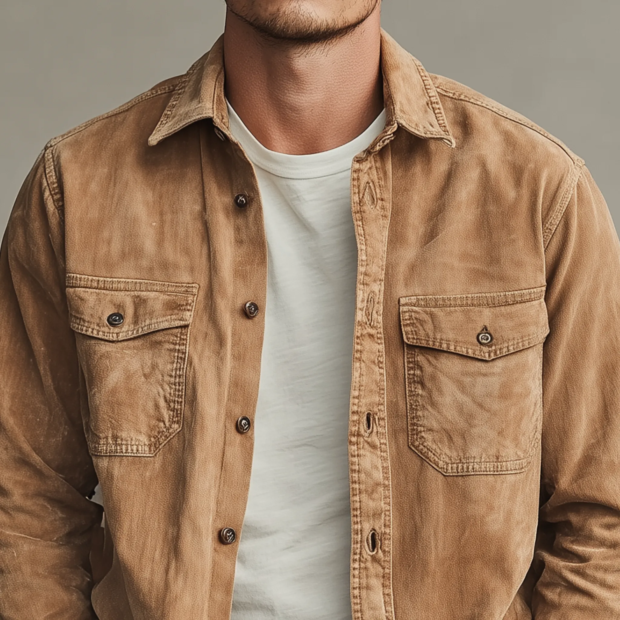 Men's Classic Casual Washed Thin Suede Lapel Long Sleeve Shirt MTA2457G7K sold by Manly product image thumbnail 4