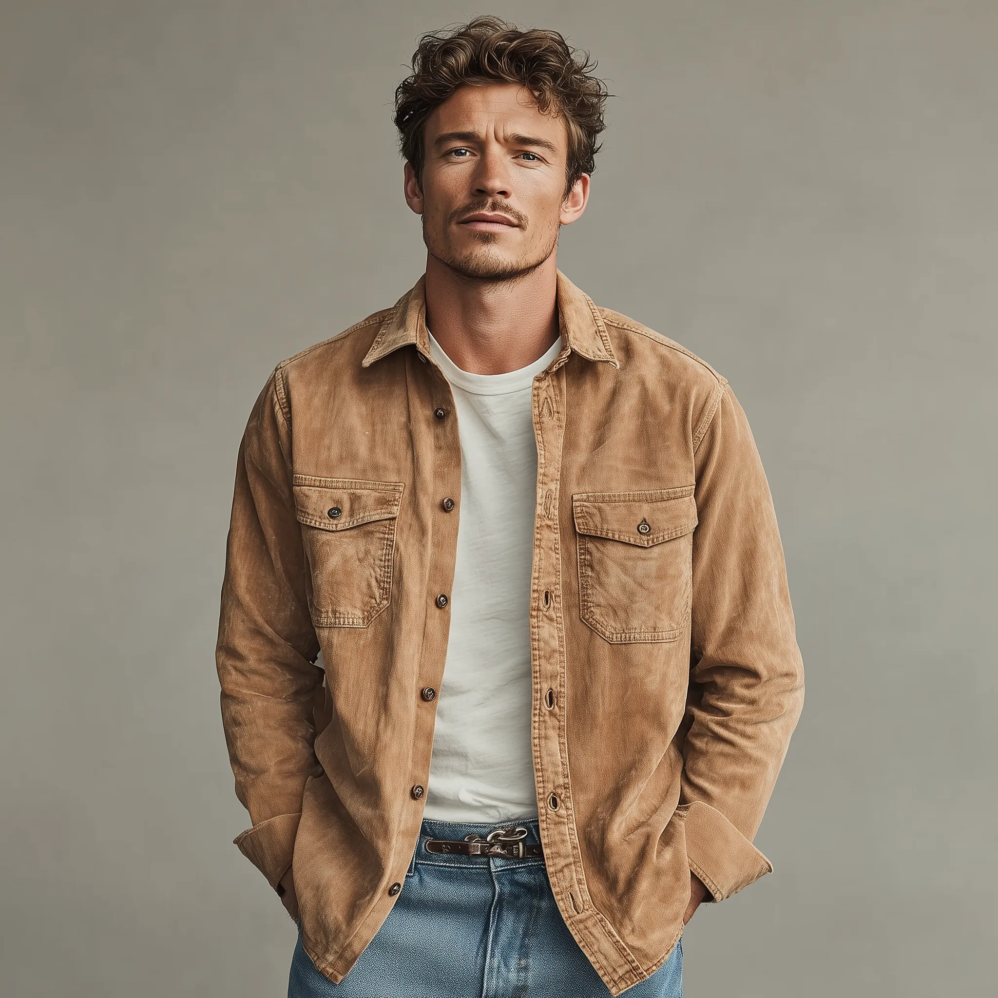 Men's Classic Casual Washed Thin Suede Lapel Long Sleeve Shirt MTA2457G7K sold by Manly product image thumbnail 3