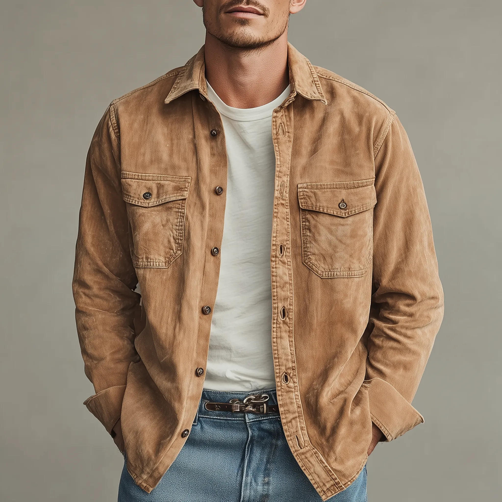 Men's Classic Casual Washed Thin Suede Lapel Long Sleeve Shirt MTA2457G7K sold by Manly product image thumbnail 2