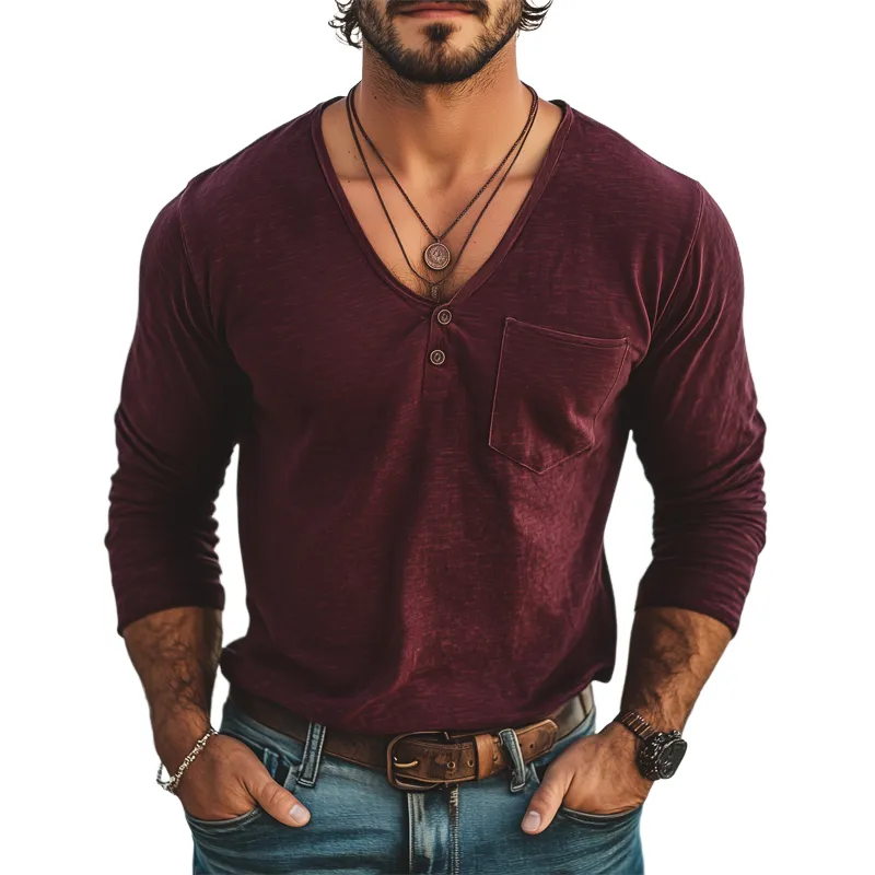 Men's Basic Deep V Neck Cotton Solid Color Long Sleeve T-Shirt MTA2494G0U sold by Manly