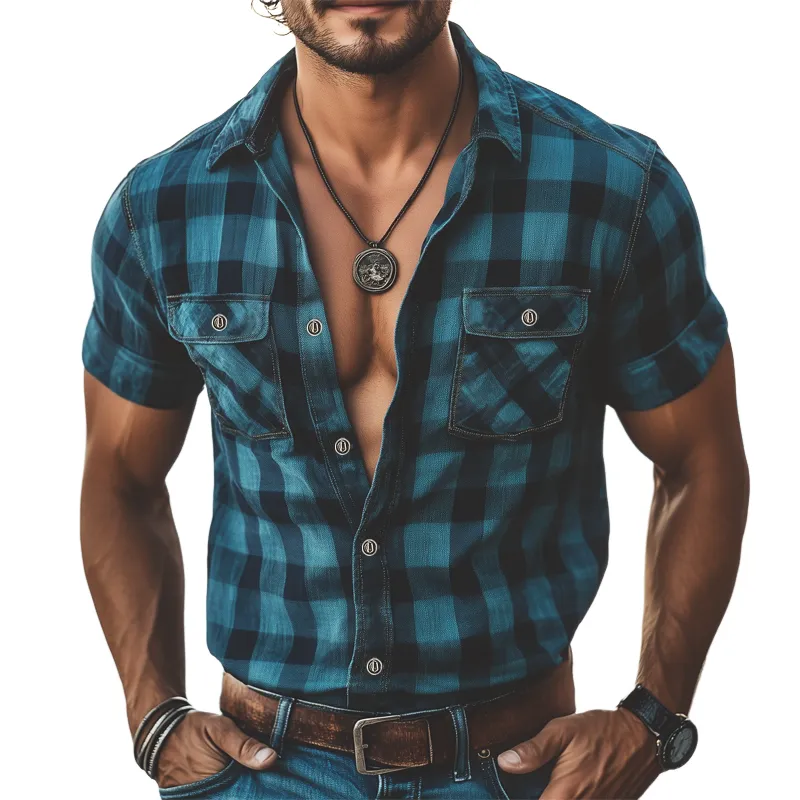 Men's Classic Blue And Black Plaid Short Sleeve Shirt MTA2432G3U sold by Manly