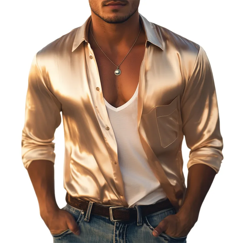 Men's Classic Champagne Satin Long Sleeve Shirt MTA2461G2U sold by Manly