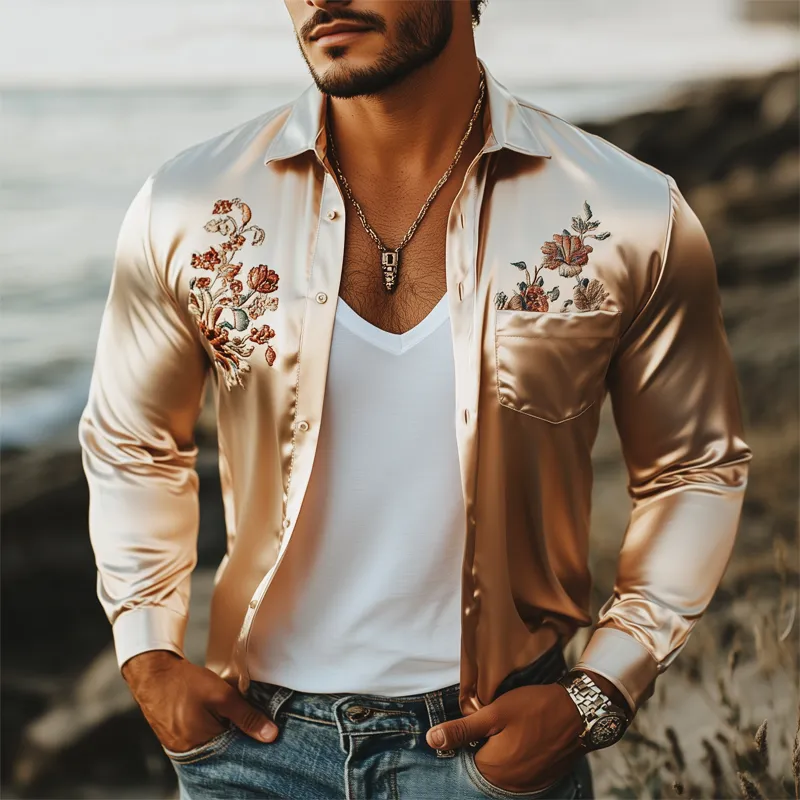 Men's Classic Champagne Satin Floral Embroidered Long Sleeve Shirt MTA2498G6U sold by Manly product image thumbnail 2