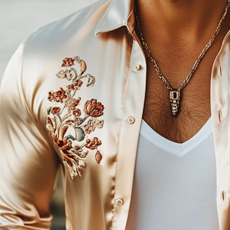 Men's Classic Champagne Satin Floral Embroidered Long Sleeve Shirt MTA2498G6U sold by Manly product image thumbnail 3