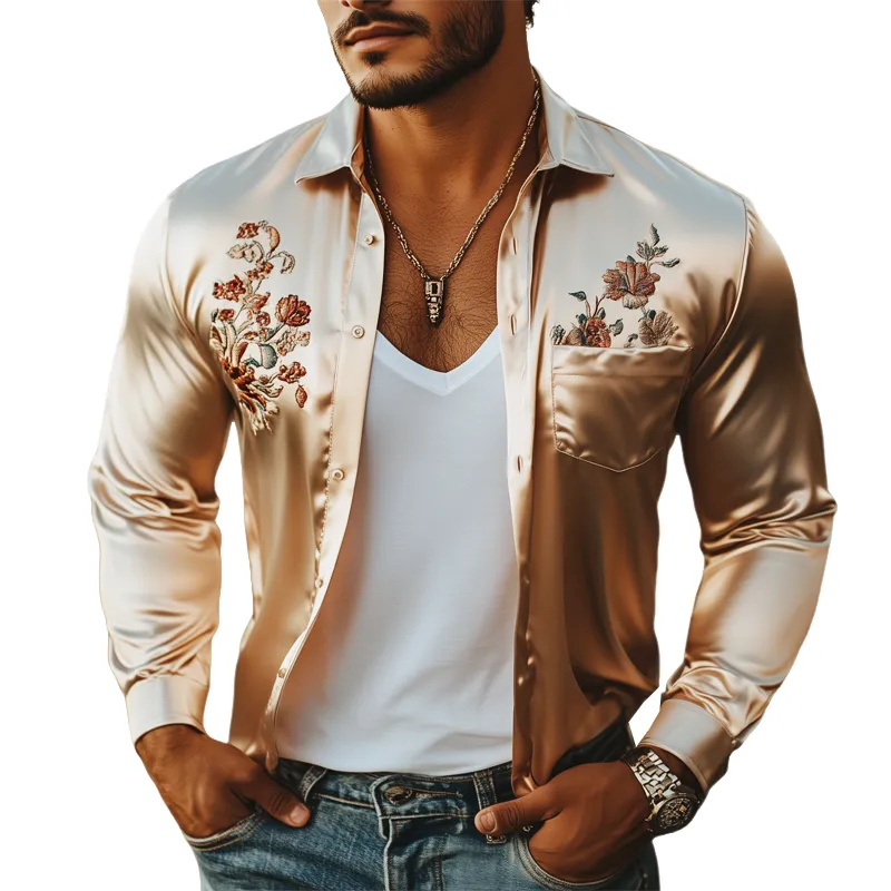 Men's Classic Champagne Satin Floral Embroidered Long Sleeve Shirt MTA2498G6U sold by Manly