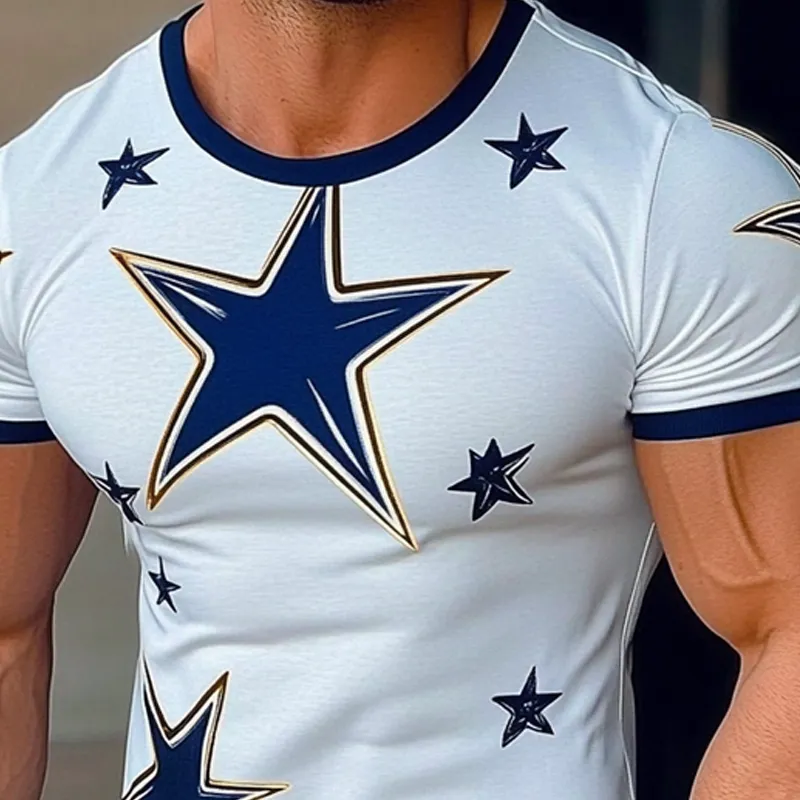 Men's Star Printed Round Neck Short Sleeve Cotton Blend T-Shirt MTA2424G7X sold by Manly product image thumbnail 3