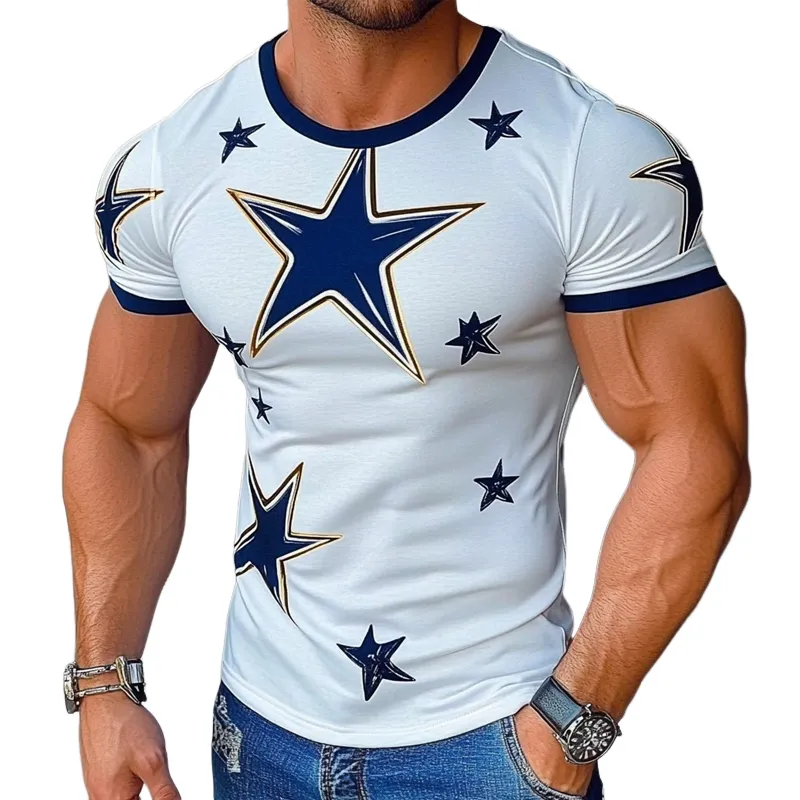 Men's Star Printed Round Neck Short Sleeve Cotton Blend T-Shirt MTA2424G7X sold by Manly