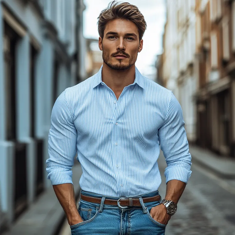 Men's Striped Printed Cotton And Linen Long Sleeve Shirt MTA2447G7X sold by Manly product image thumbnail 5