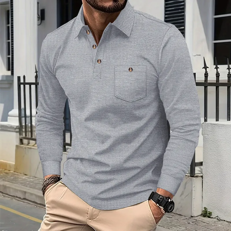 Men's Solid Color Waffle Long Sleeve Polo Shirt MTA2464G1X sold by Manly product image thumbnail 5