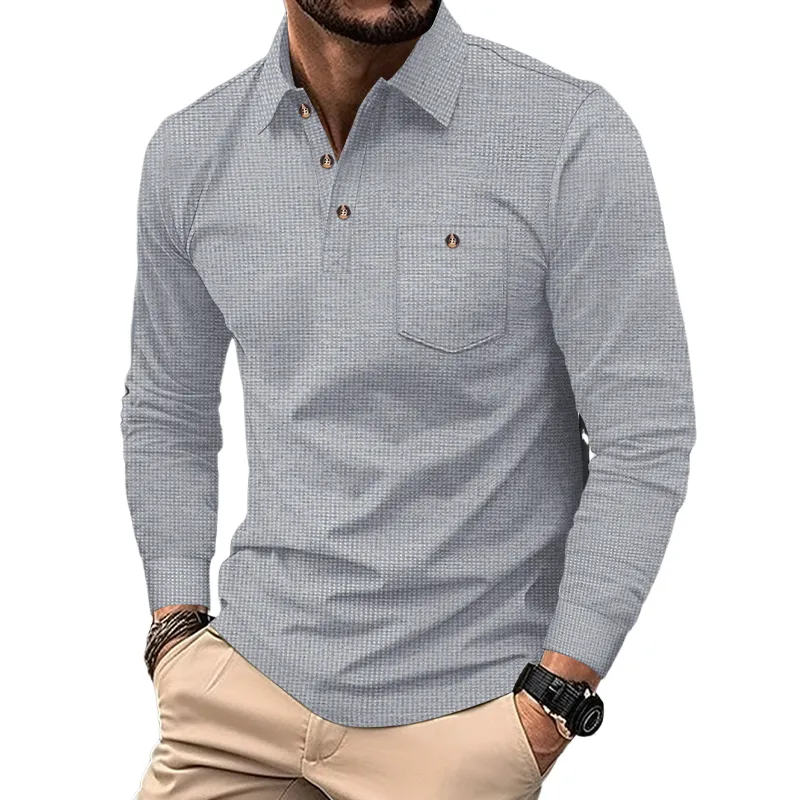 Men's Solid Color Waffle Long Sleeve Polo Shirt MTA2464G1X sold by Manly