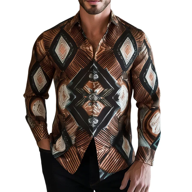 Men's Geometric Print Lapel Long Sleeve Shirt MTA2404G3Z sold by Manly