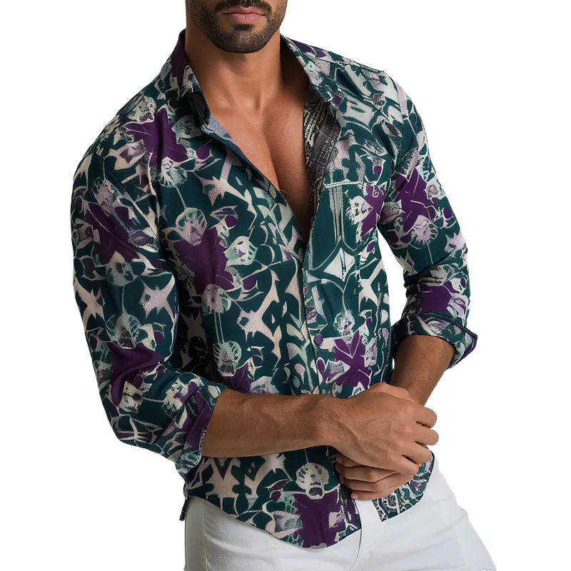 Men's Geometric Print Lapel Long Sleeve Shirt MTA2489G3Z sold by Manly