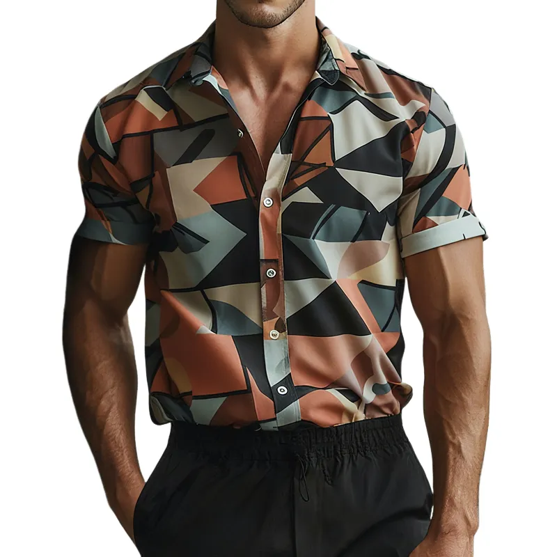 Men's Geometric Print Lapel Short Sleeve Shirt MTA2425G4Z sold by Manly