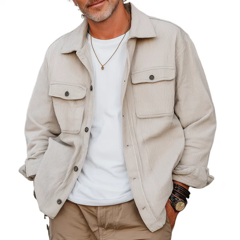 Men's Casual Solid Color Corduroy Lapel Flap Pocket Single Breasted Loose Long Sleeve Shirt Jacket MTA2335G0M sold by Manly