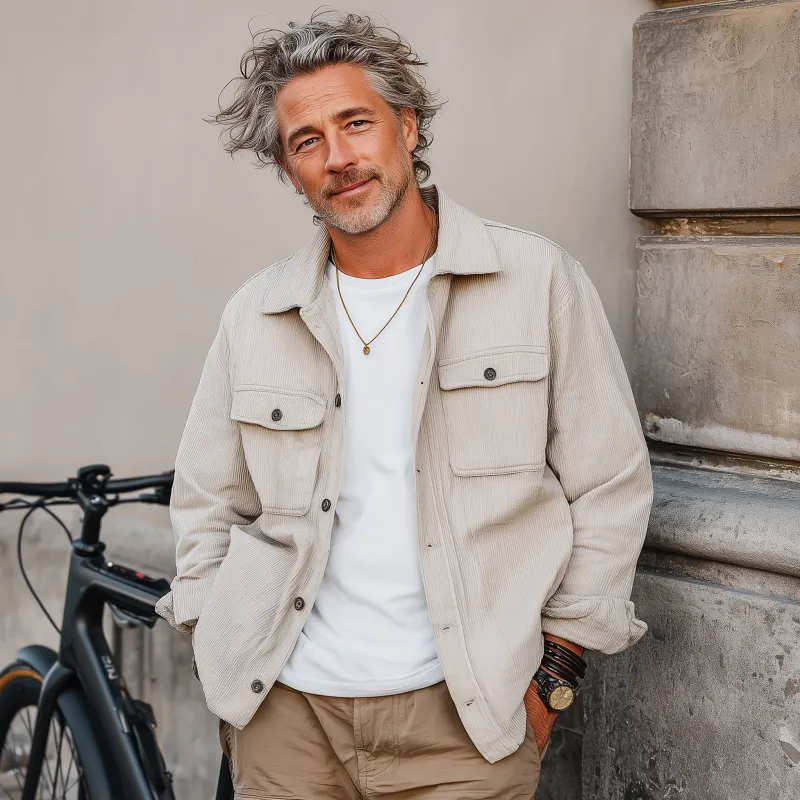 Men's Casual Solid Color Corduroy Lapel Flap Pocket Single Breasted Loose Long Sleeve Shirt Jacket MTA2335G0M sold by Manly product image thumbnail 3