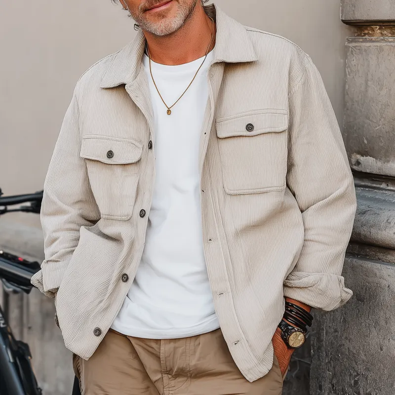 Men's Casual Solid Color Corduroy Lapel Flap Pocket Single Breasted Loose Long Sleeve Shirt Jacket MTA2335G0M sold by Manly product image thumbnail 2
