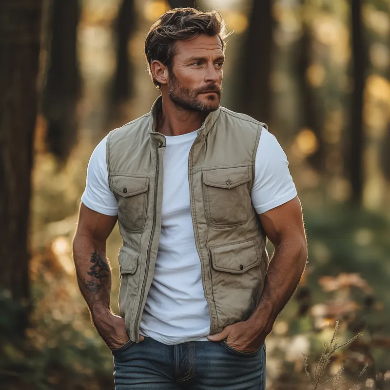 Men's Casual Outdoor Washed Cotton Stand Collar Zipper Placket Multi-pocket Work Vest MTA2119G4M sold by Manly product image thumbnail 3