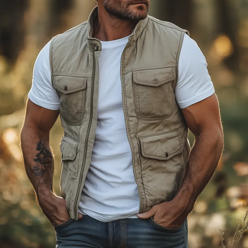 Men's Casual Outdoor Washed Cotton Stand Collar Zipper Placket Multi-pocket Work Vest MTA2119G4M sold by Manly product image thumbnail 2
