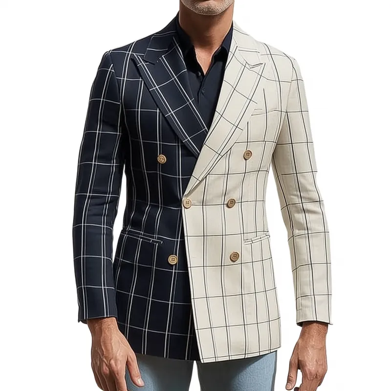 Men's Stylish Colorblock Cotton Blend Plaid Peaked Lapel Double-breasted Slim-fit Blazer MTA1986G5M sold by Manly