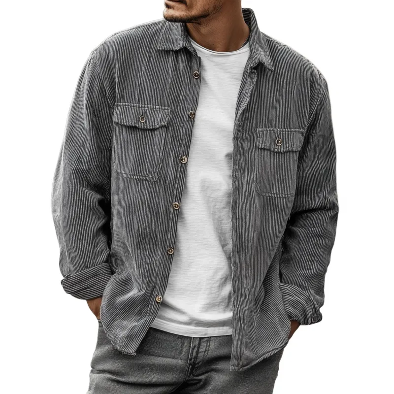 Men's Casual Breathable Striped Cotton Lapel Flap Pocket Loose Long Sleeve Shirt Jacket MTA1829G2M sold by Manly