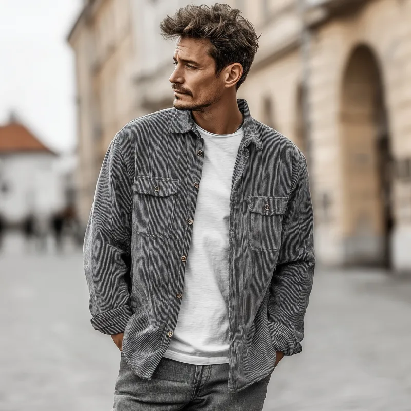 Men's Casual Breathable Striped Cotton Lapel Flap Pocket Loose Long Sleeve Shirt Jacket MTA1829G2M sold by Manly product image thumbnail 3