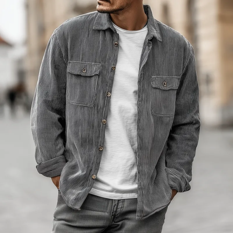 Men's Casual Breathable Striped Cotton Lapel Flap Pocket Loose Long Sleeve Shirt Jacket MTA1829G2M sold by Manly product image thumbnail 2