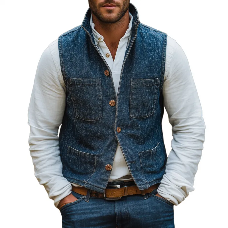 Men's Vintage Washed Stand Collar Single Breasted Multi-Pocket Slim Fit Denim Vest MTA2112G9M sold by Manly
