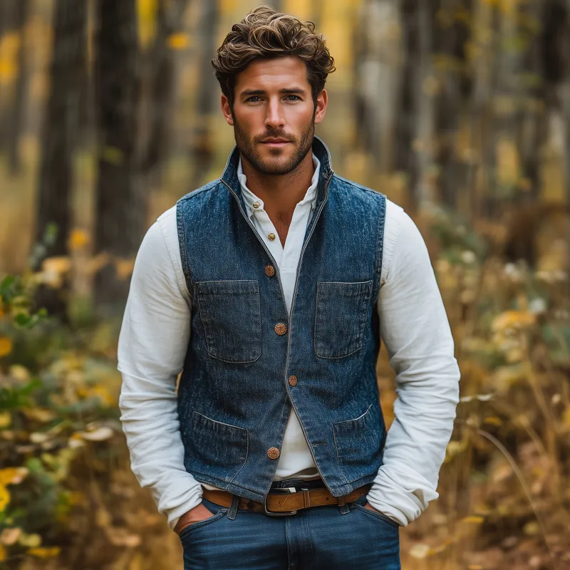 Men's Vintage Washed Stand Collar Single Breasted Multi-Pocket Slim Fit Denim Vest MTA2112G9M sold by Manly product image thumbnail 3