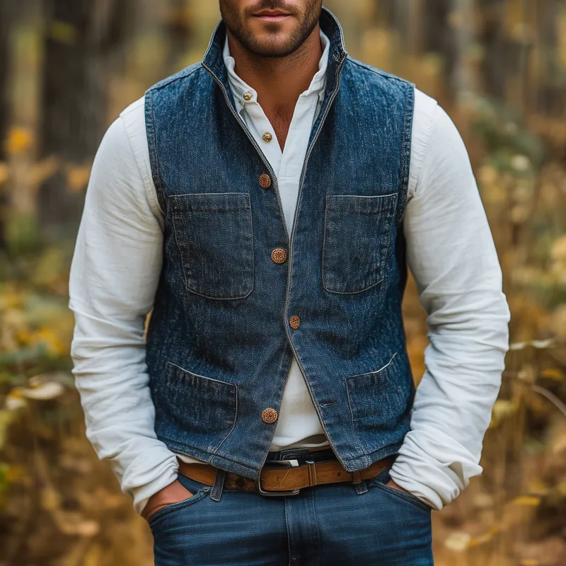 Men's Vintage Washed Stand Collar Single Breasted Multi-Pocket Slim Fit Denim Vest MTA2112G9M sold by Manly product image thumbnail 2