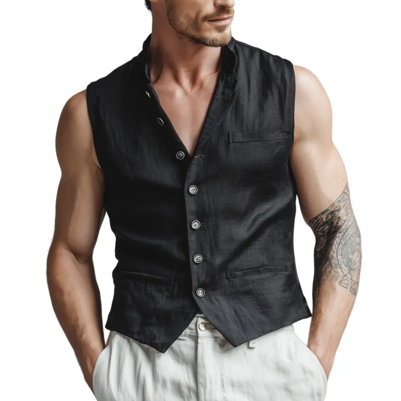 Men's Vintage Solid Color Breathable Linen Stand Collar Single Breasted Slim Suit Vest MTA2500G0M sold by Manly
