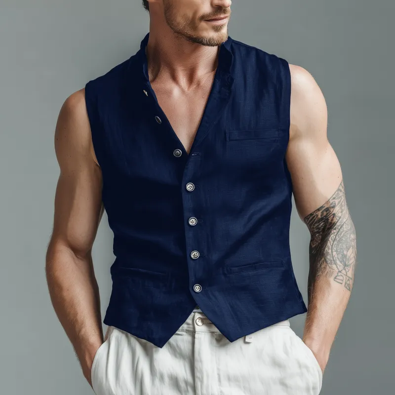Men's Vintage Solid Color Breathable Linen Stand Collar Single Breasted Slim Suit Vest MTA2500G0M sold by Manly product image thumbnail 4