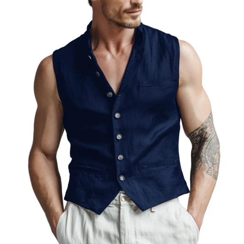 Men's Vintage Solid Color Breathable Linen Stand Collar Single Breasted Slim Suit Vest MTA2500G0M sold by Manly product image thumbnail 3