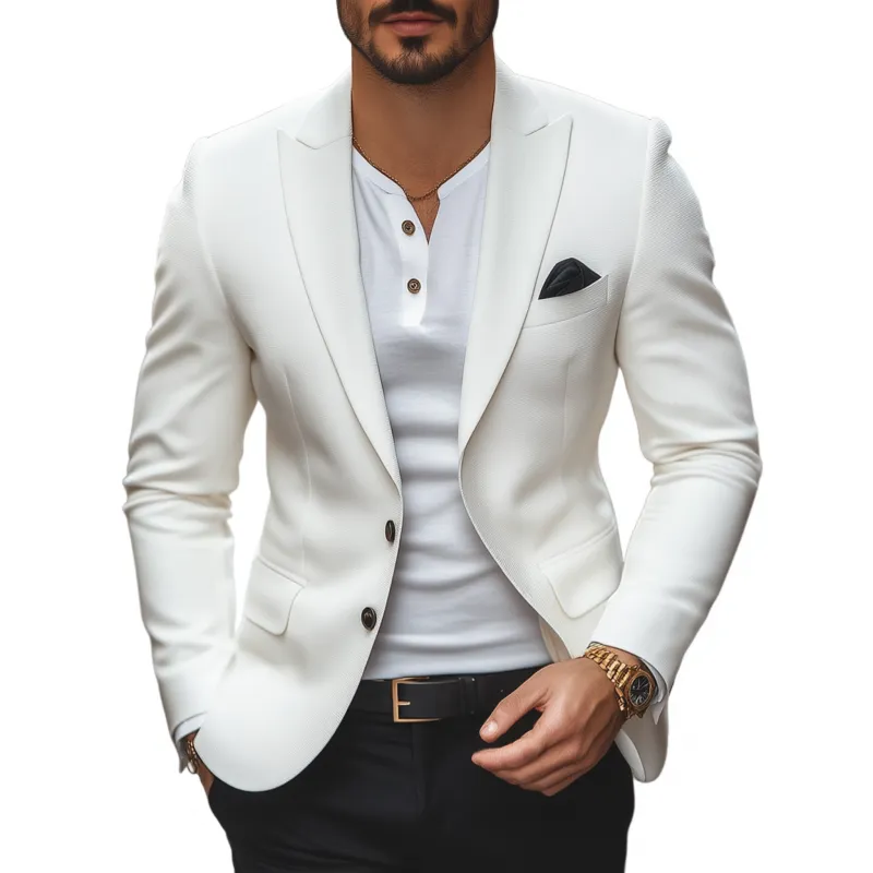 Men's Casual Solid Color Horizontal Striped Textured Fabric Peaked Lapel Single-breasted Slim-fit Blazer MTA2584G1M sold by Manly