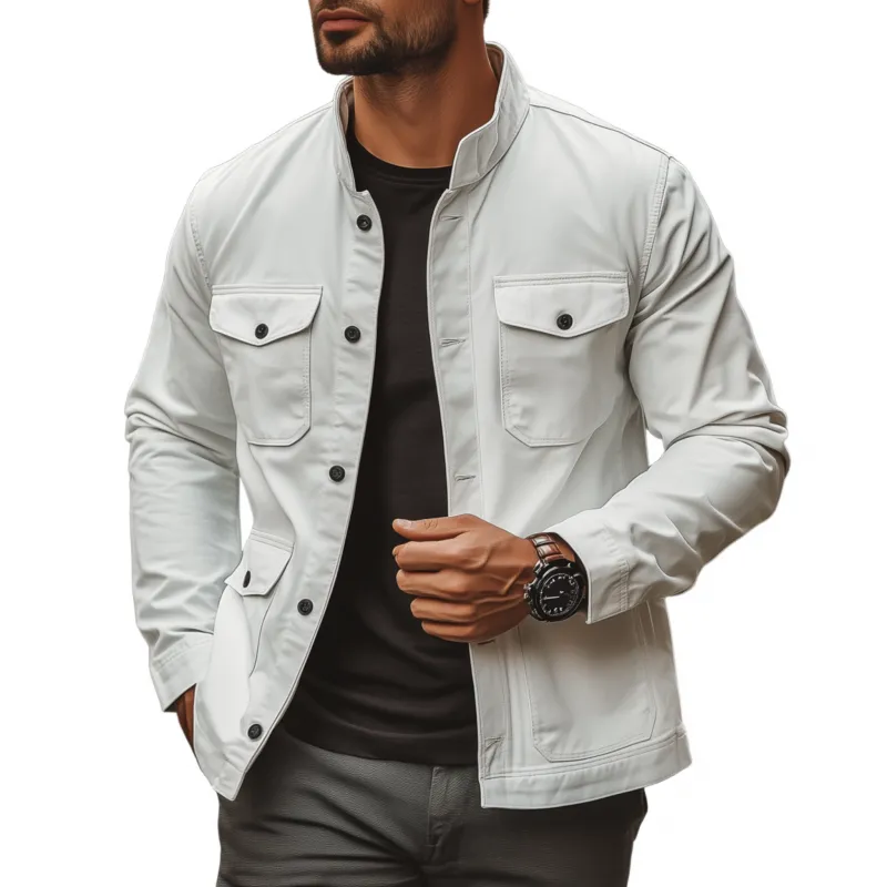 Men's Casual Outdoor Solid Color Breathable Cotton Stand Collar Single Breasted Multi-Pocket Workwear Jacket MTA2545G2M sold by Manly
