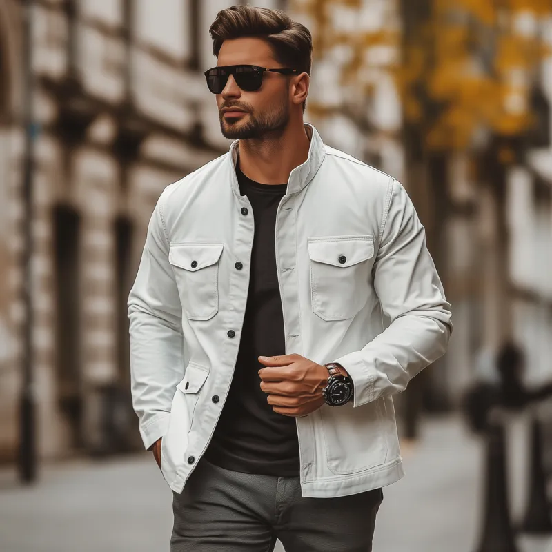 Men's Casual Outdoor Solid Color Breathable Cotton Stand Collar Single Breasted Multi-Pocket Workwear Jacket MTA2545G2M sold by Manly product image thumbnail 3