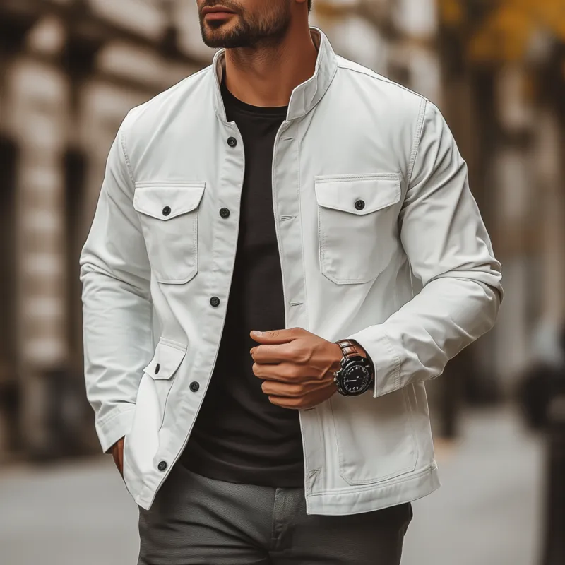 Men's Casual Outdoor Solid Color Breathable Cotton Stand Collar Single Breasted Multi-Pocket Workwear Jacket MTA2545G2M sold by Manly product image thumbnail 2