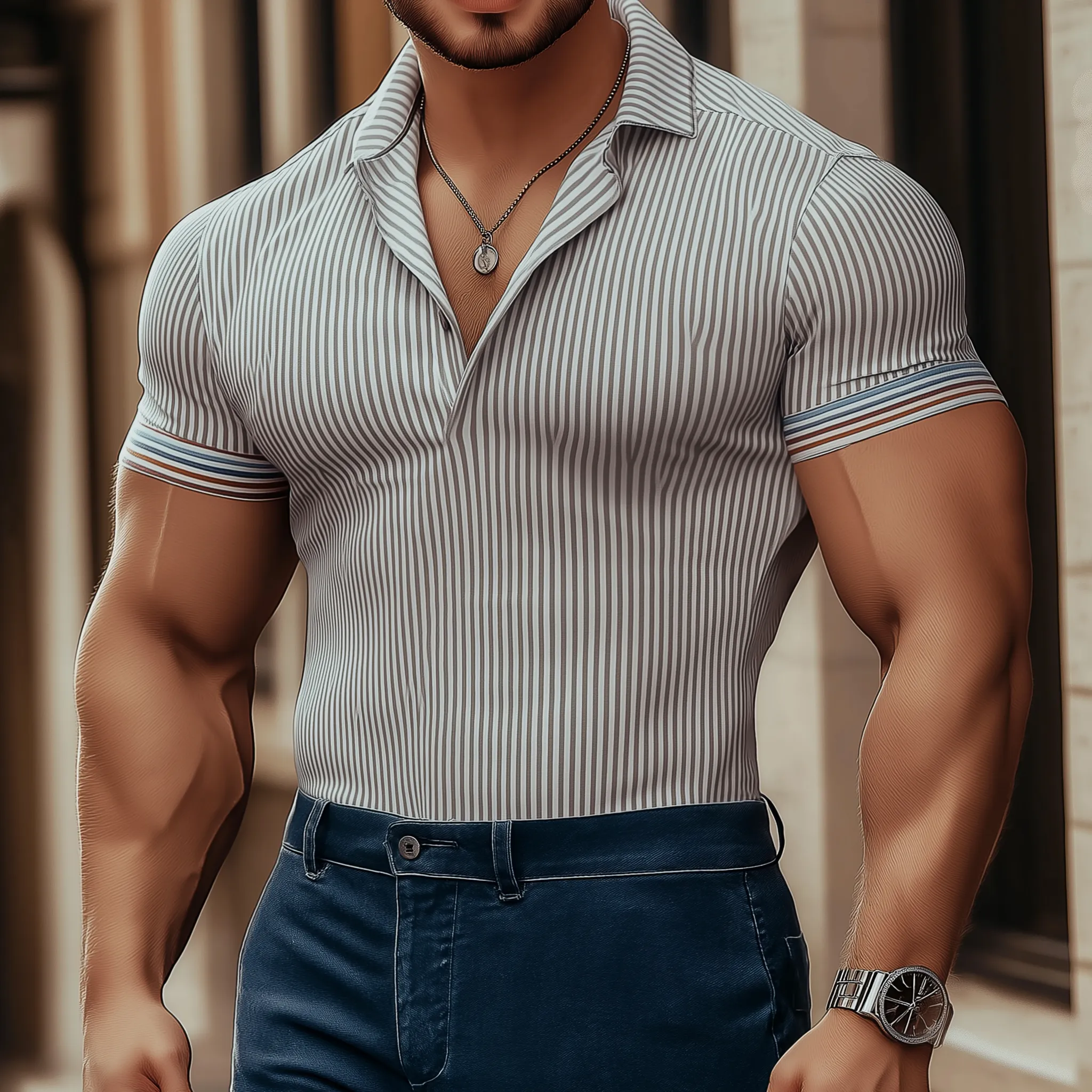 Men's Summer Slim Striped Knitted Short Sleeve Polo Shirt MTA2517G5P sold by Manly product image thumbnail 2