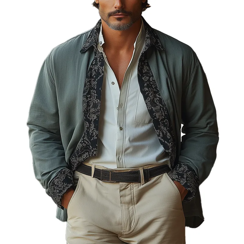 Men's Fashion Printed Cotton And Linen Long Sleeve Shirt MTA2542G8P sold by Manly